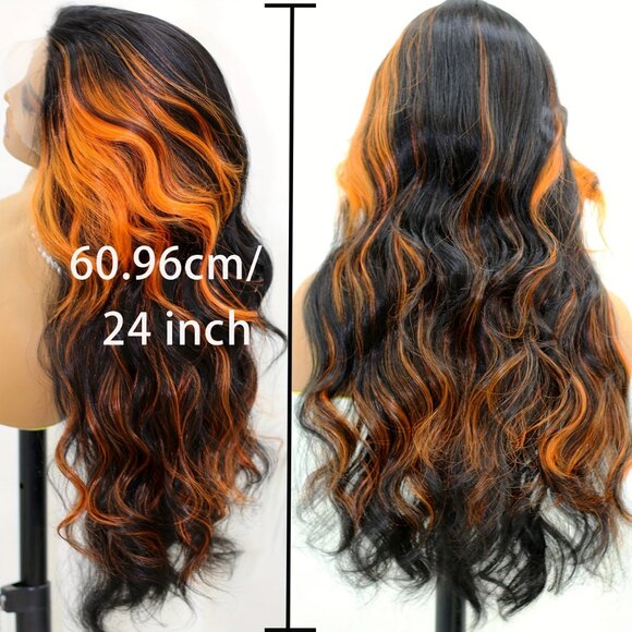Orange Black Skunk Stripe 13x4x1 Lace Wig – Long Wavy Heat-Resistant Wig - Picture 3 of 5